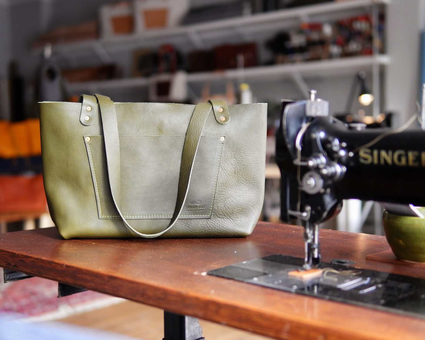 Leather Tote in Olive